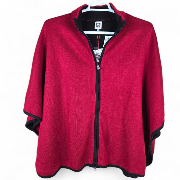 Anne Klein Sweaters - Anne Klein Cape Poncho Knit Sweater Size XL Red Full Zip Cardigan *Holes*